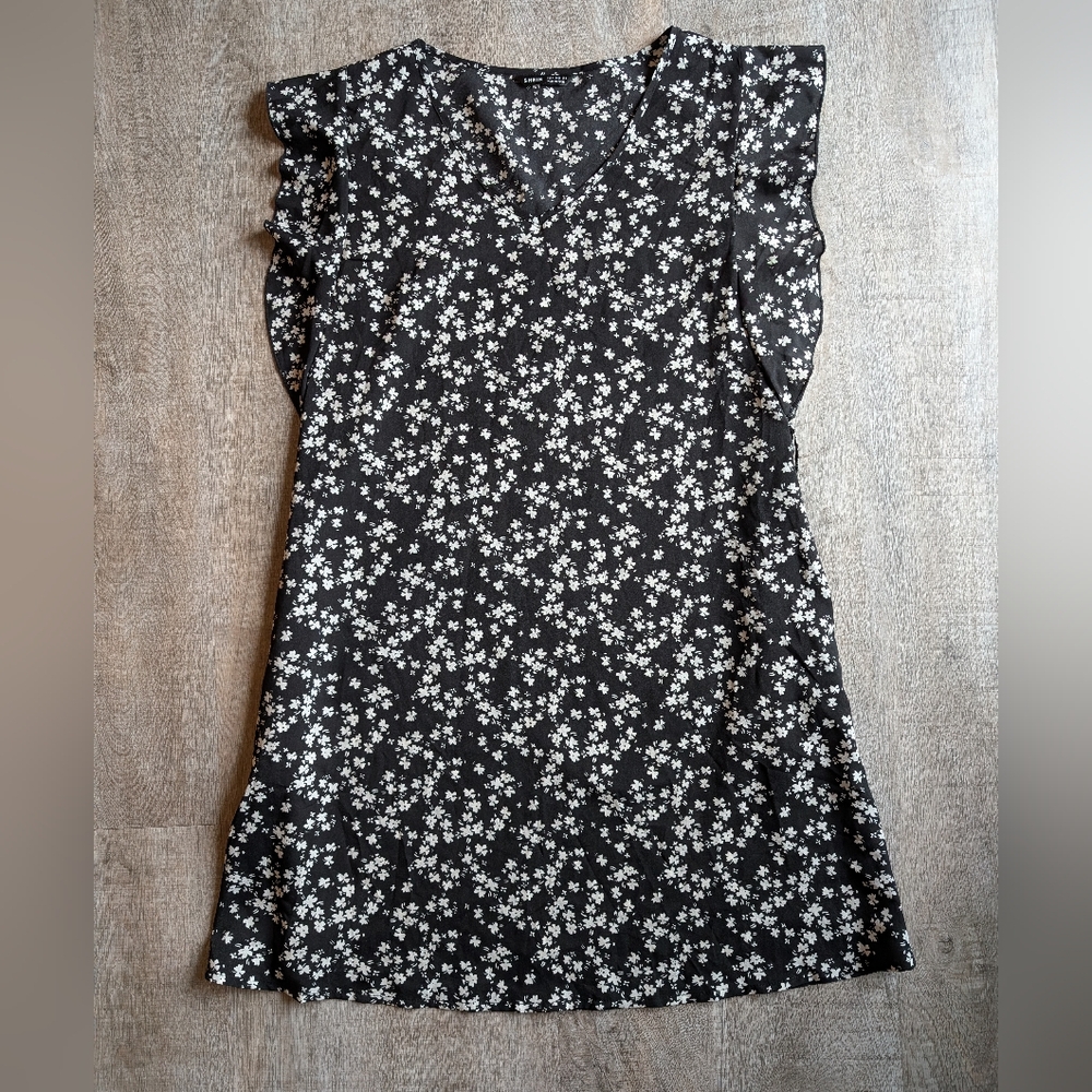 Shein Ruffle Trim Black Floral Grunge 90's Style Mini Dress - M